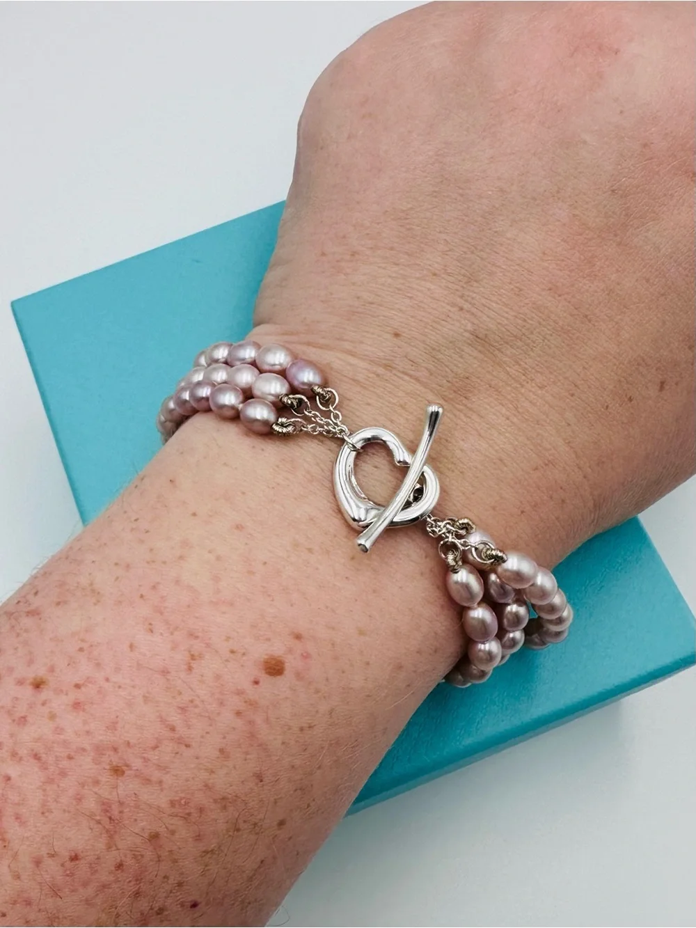Tiffany & Co. Open Heart Pearl Toggle Bracelet in Sterling Silver with Packaging